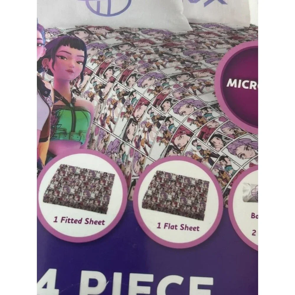 Netflix KPOP Demon Hunters 4 Piece Full Sheet Set Bedsheet Pillowcases White New